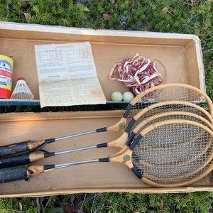 1960's Badminton Set - Original Box - 4 Wood Rackets, Net, etc.